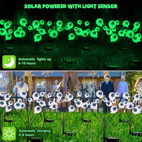 BrizLabs Solar Halloween Lights, 2 Pack 12 LED Halloween Eyeball Lights, 2 Modes Outdoor Halloween Lights, Swaying Eye Firefly Pathway Lights, Green Halloween Solar Lights for Path Yard Garden Lawn