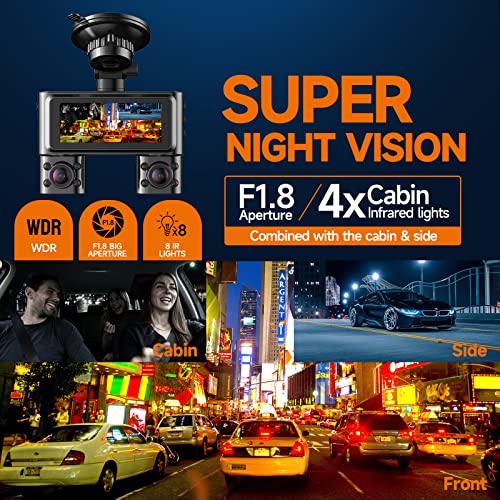 360 Dash Cam Front and Rear Inside, 4 Channel Dash Camera for Cars FHD 1080Px4, Built-in Wi-Fi, 3.16” IPS Screen, WDR Night Vision, Included 64GB Card, 24H Parking Mode