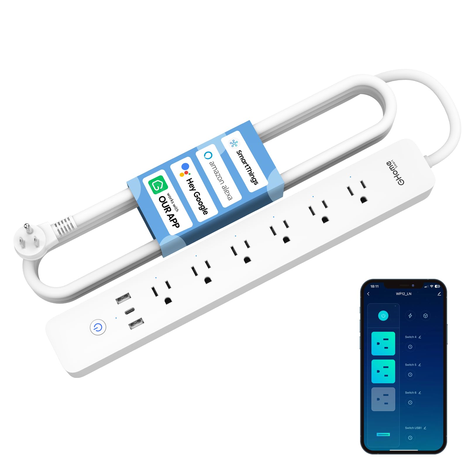 Ghome Smart Power Strip, 3 USB (2A1C 30W) and 6 Individually Controlled Outlets, WiFi Surge Protector Compatible with Alexa Google, Energy Monitor, 7ft Mountable Flat Plug with Overload Protection