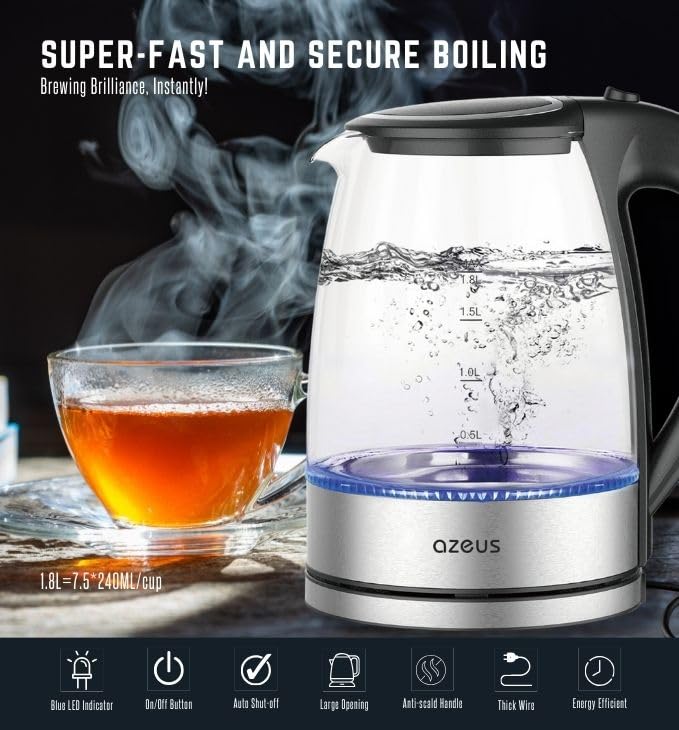 Azeus 1.8L Electric Kettle CX-817 - Fast Boil, Auto Shut-Off, Boil-Dry Protection, 360° Swivel Base - Stainless Steel Water Boiler for Tea, Coffee, and Hot Water