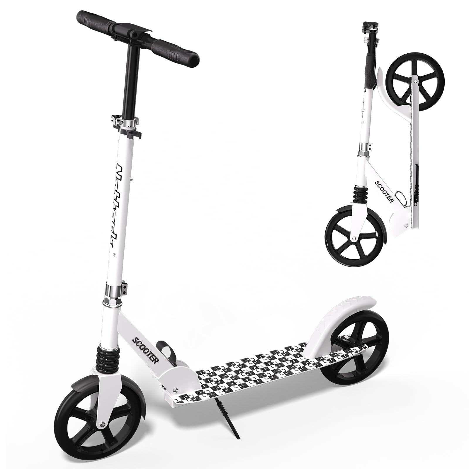 Nattork Kick Scooter for Teens Adults, Max Load 240 LBS, Adjustable Height Foldable with 8" Large Wheels, Anti-Shock Suspension White