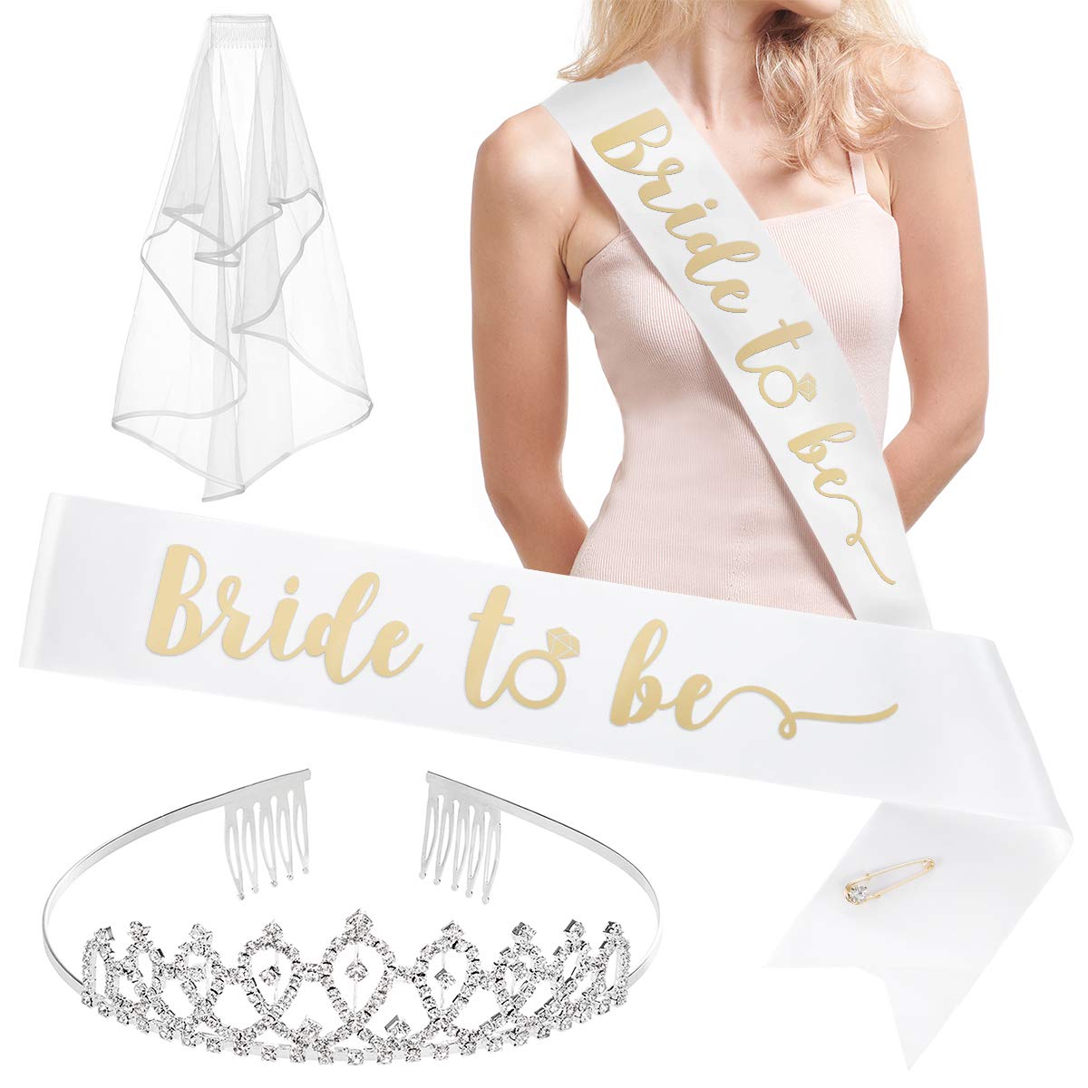 xo, Fetti Bachelorette Party Bride To Be Decorations Kit - Bridal Shower Decorations | Sash For Bride, Rhinestone Tiara, Veil + Bride Tribe Tattoos