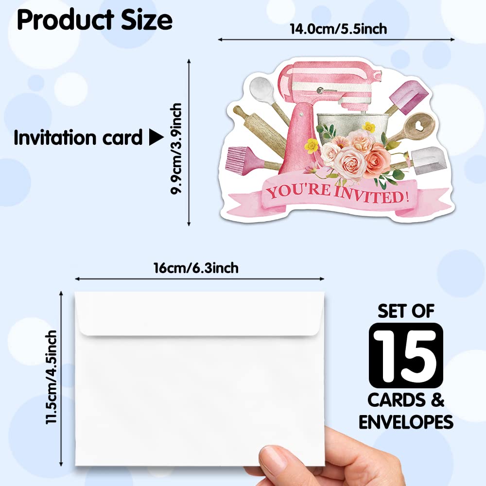 RZHV 15 Pack Mixer Baking Machine and Tools Shaped Fill-In Invitations Cards With Envelopes for Boys & Girls Adults, Funny Birthday Baking Pastries Party Invite, Party Supplies