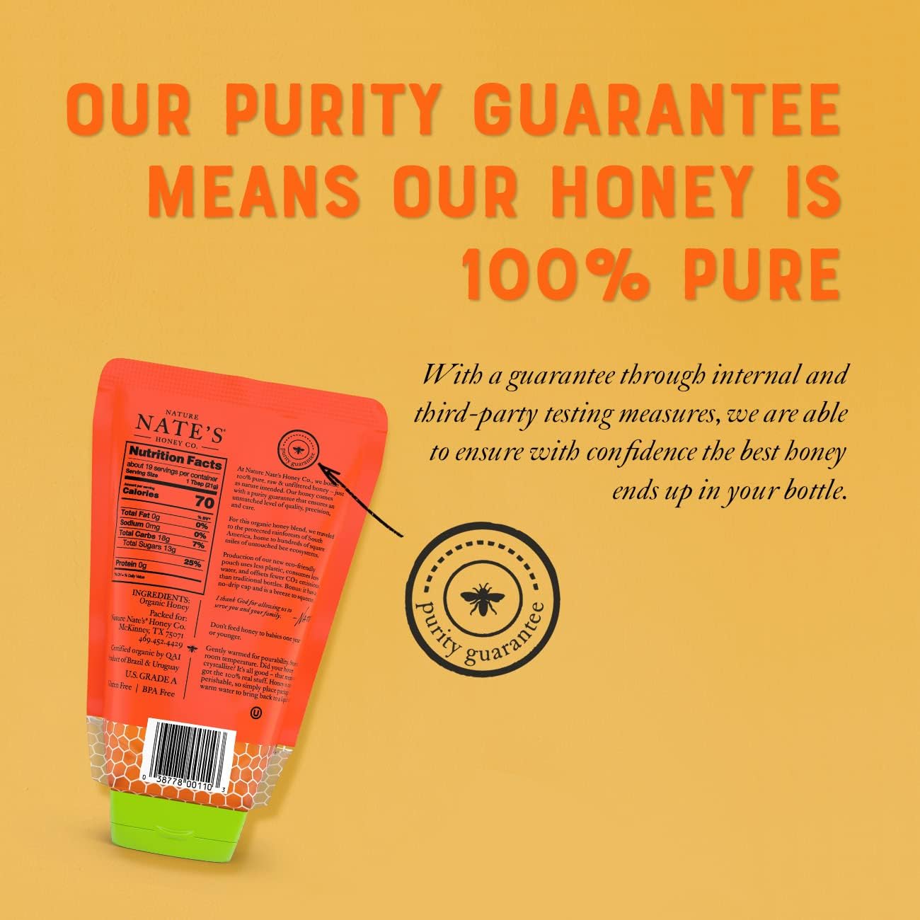 Nature Nate's 100% Pure USDA Organic Raw & Unfiltered Honey, 14 oz. No-Drip Sustainable Squeeze Pouch; Purity Guarantee, No Additives