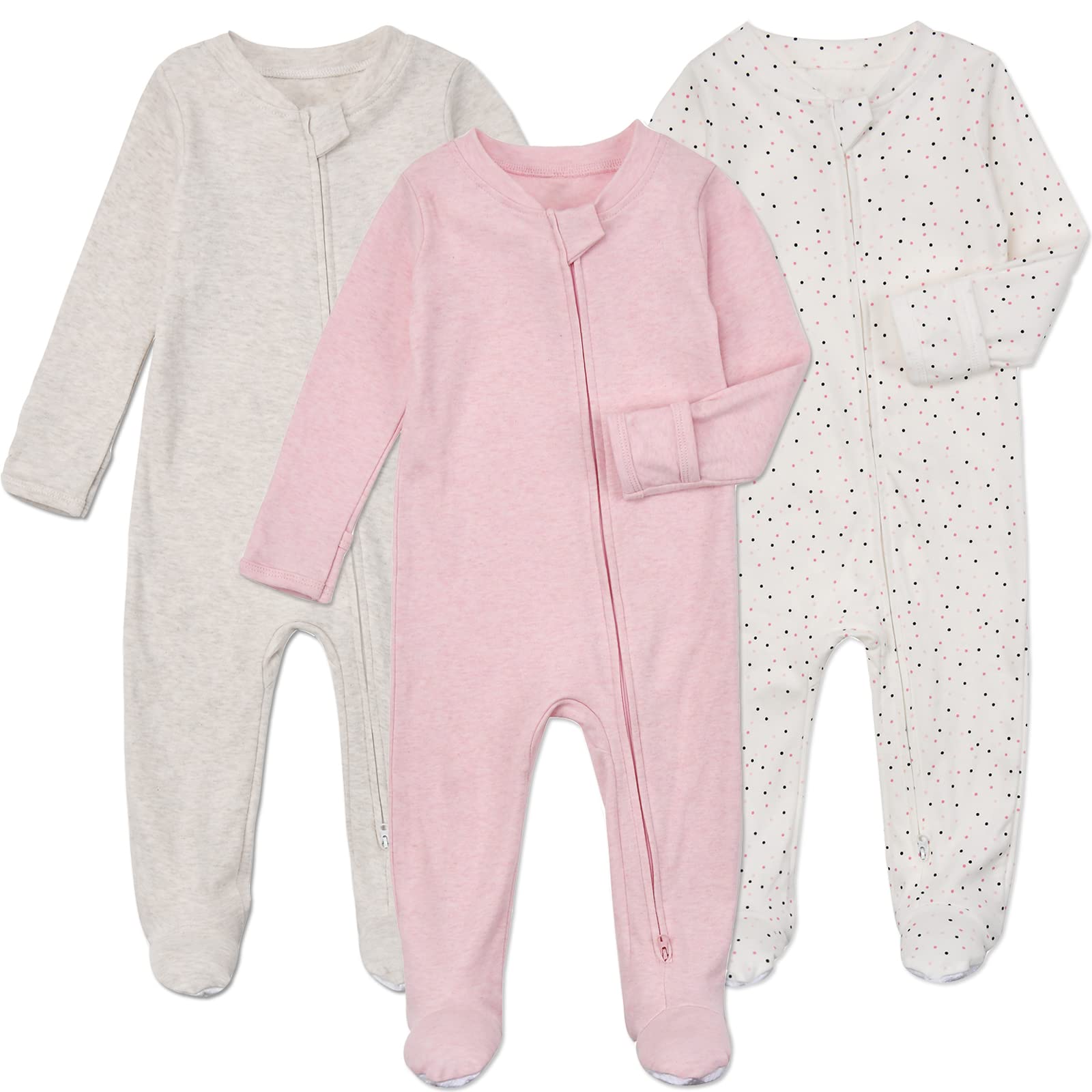 Aablexema Baby Footie Pajamas with Mittens - 3Pcs Infant Footed Sleeper Cotton Sleepwear Outfits(Grey Khaki/Dot/Pink, 0-3M)