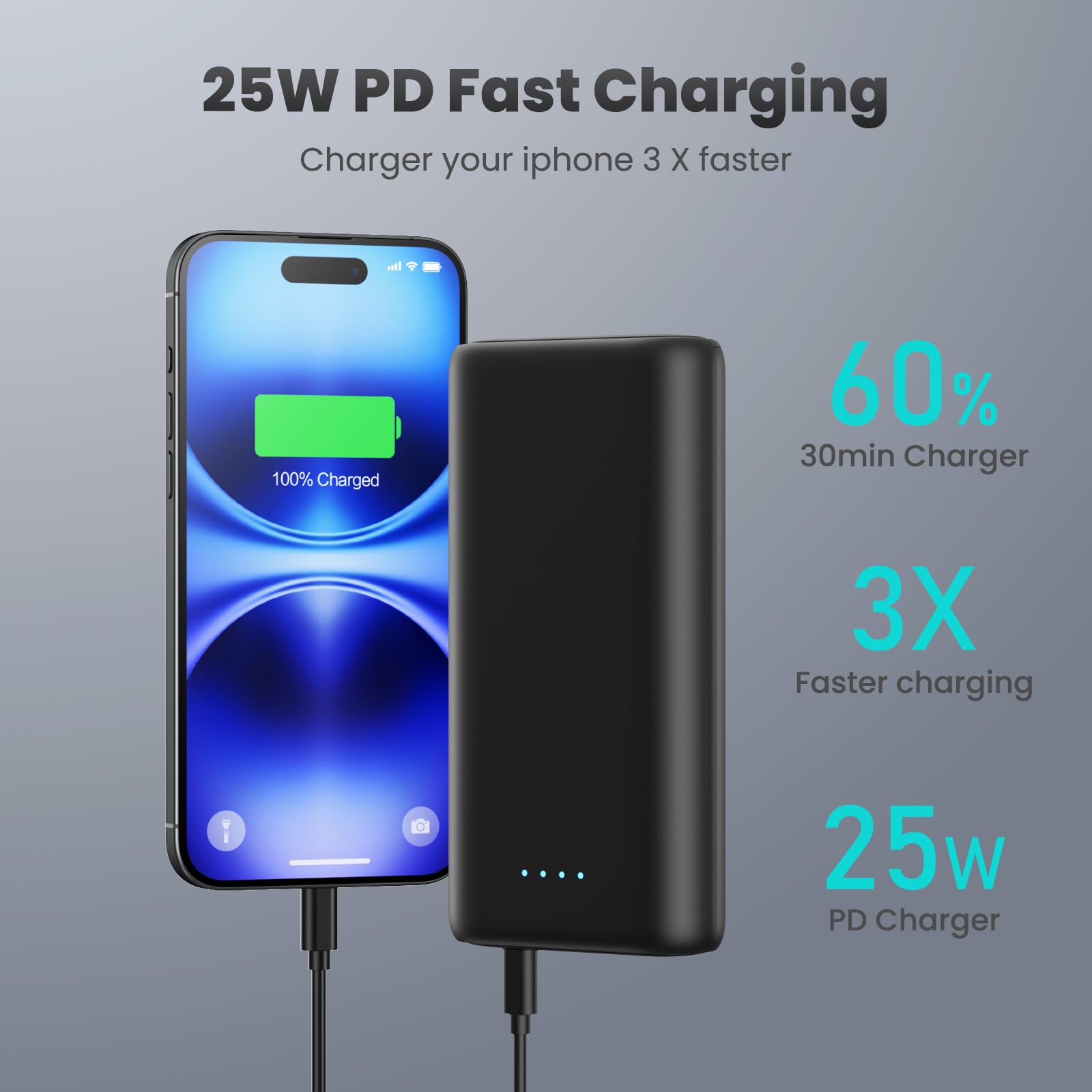 [2024 Upgraded] Portable Charger 40800mAh Power Bank - Portable Battery with 2 Built in Cables,PD 25W USB C Fast Charging Battery Pack Compatible with iPhone 16 15 14 13 Android Phone etc-Black