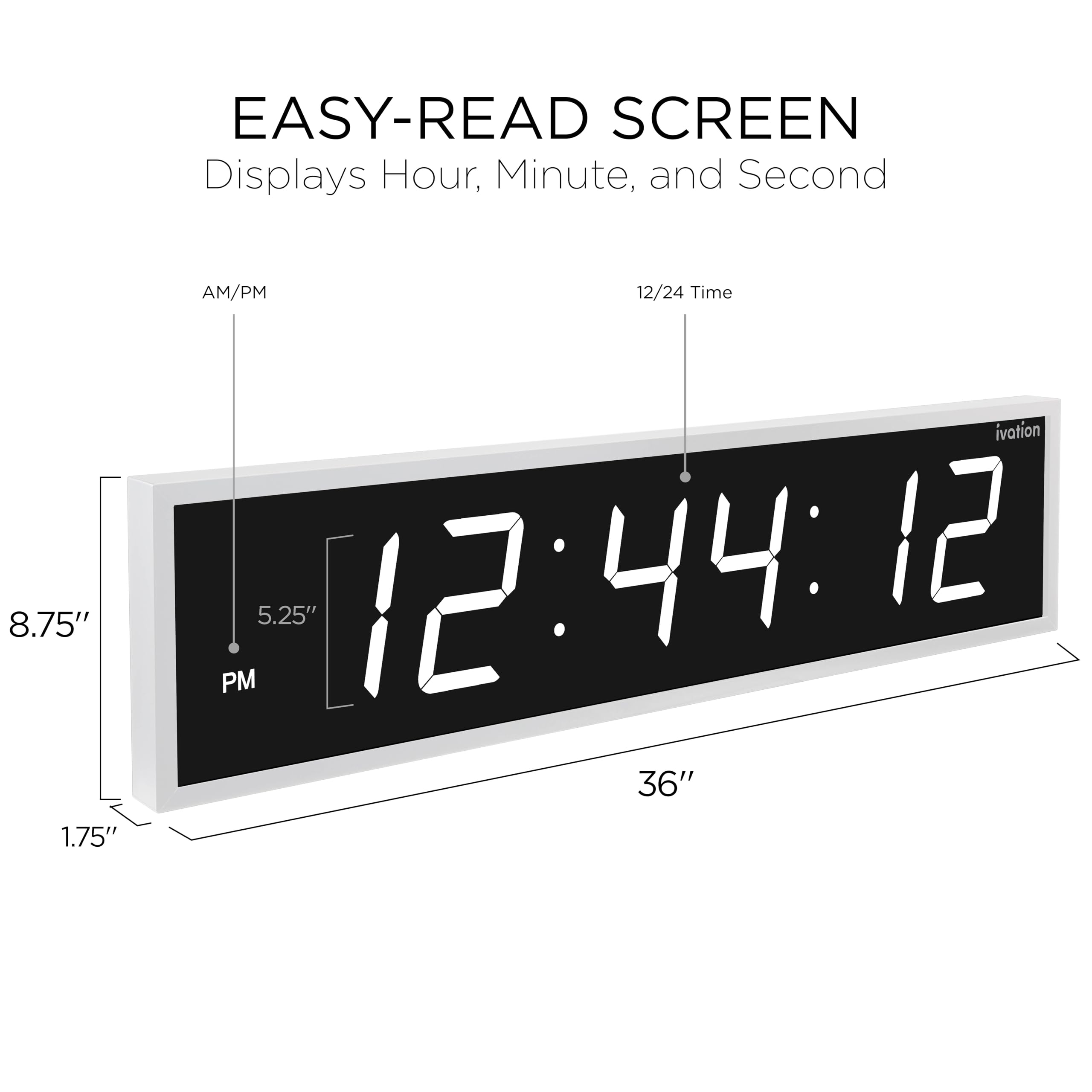 Ivation Oversized Large Digital Wall Clock - Big LED Digital Clock w/Large Display, Shelf or Wall Mount (36 Inch - White) 6 Brightness Levels | Time Memory | Remote, Mounting Holes & Hardware