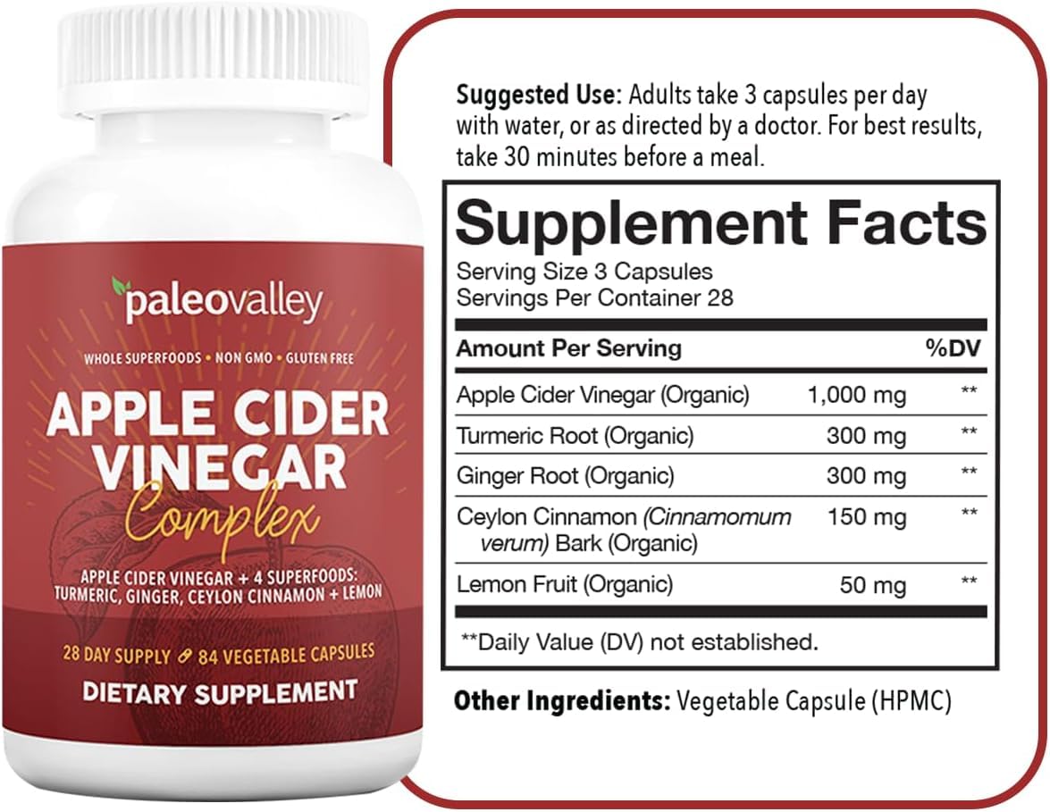 Paleovalley Apple Cider Vinegar Complex with Superfoods - Turmeric, Ginger, Ceylon Cinnamon and Lemon - 84 Vegetable Capsules