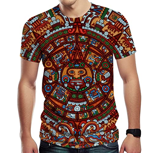 ARORALS Men's Aztec T-Shirt with Mayan Calendar Design Mexican Themed Printed Tee,Brown,M