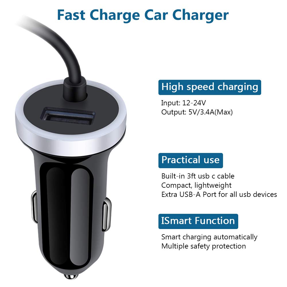 USB C Car Charger, 3.4A Fast Charging Car Adapter+3ft Type C Cable for Samsung Galaxy S24 S23 S22 S21 S20 S10 Note 20 A10E A20 A50 A51 A71 A11,LG Stylo 6/5/4 G7 V60 ThinQ Moto G8 G7 Google Pixel 4 3a