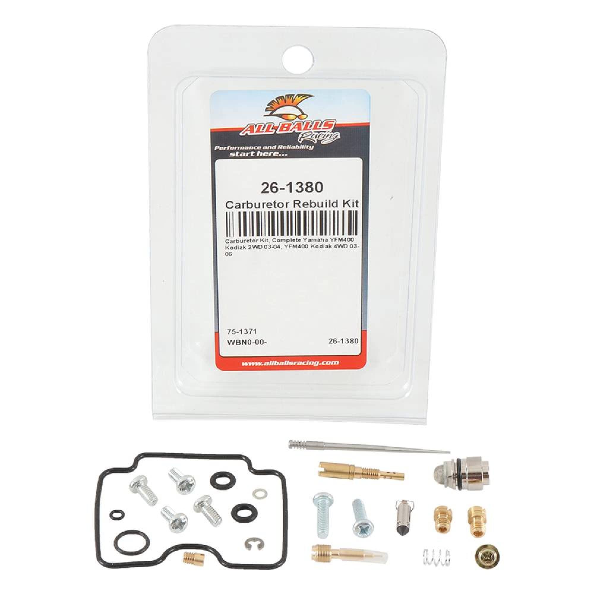 All Balls Racing Carburetor Rebuild Kit 26-1380 Compatible With/Replacement For Yamaha YFM400 Kodiak 2WD 2003-2004, YFM400 Kodiak 4WD 2003-2006