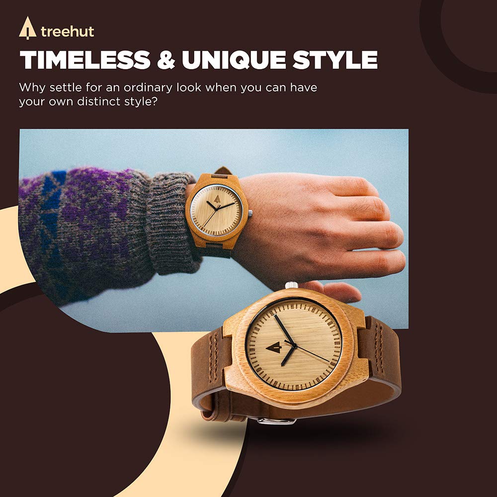 Treehut Wooden Watches for Men, Japanese Quartz Movement, Stylish Exotic Wrist Watch with Adjustable Stainless Steel Buckle, Leather Straps, Watch Made Real Wood, Relojes para Hombre