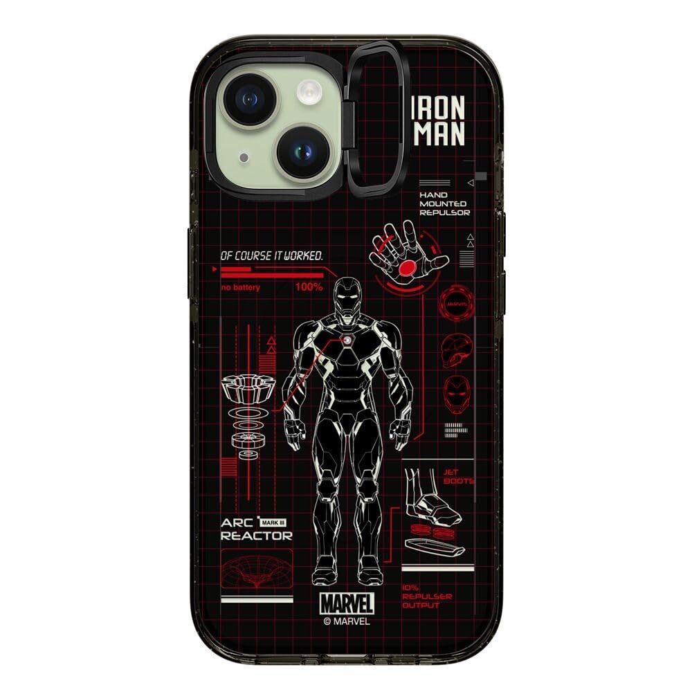 CASETiFY Impact Ring Stand iPhone 15 Case [Iron Man Co-Lab / 3X Military Grade Drop Tested / 6.6ft Drop Protection/Compatible with Magsafe] - Iron Man Blue Print Tech - Red - Clear Black