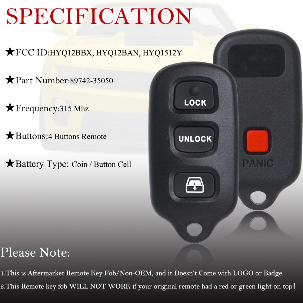 Key Fob Remote Replacement Fits for Toyota 4Runner 1999 2000 2001 2002 2003 2004 2005 2006 2007-2009/Sequoia 2001-2007 HYQ12BBX Keyless Entry Remote Control HYQ12BAN/HYQ1512Y/89742-35050(Pack of 2)