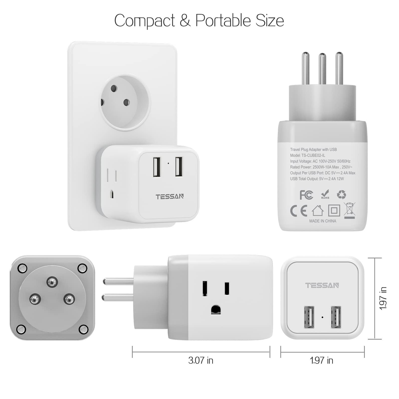 TESSAN Israel Power Adapter US to Israel Plug Adapter with 3 Outlets 2 USB Charging Ports, Power Outlet Converter for Israel, Palestine, Jerusalem, Holy Land, Gaza Strip, Type H Output