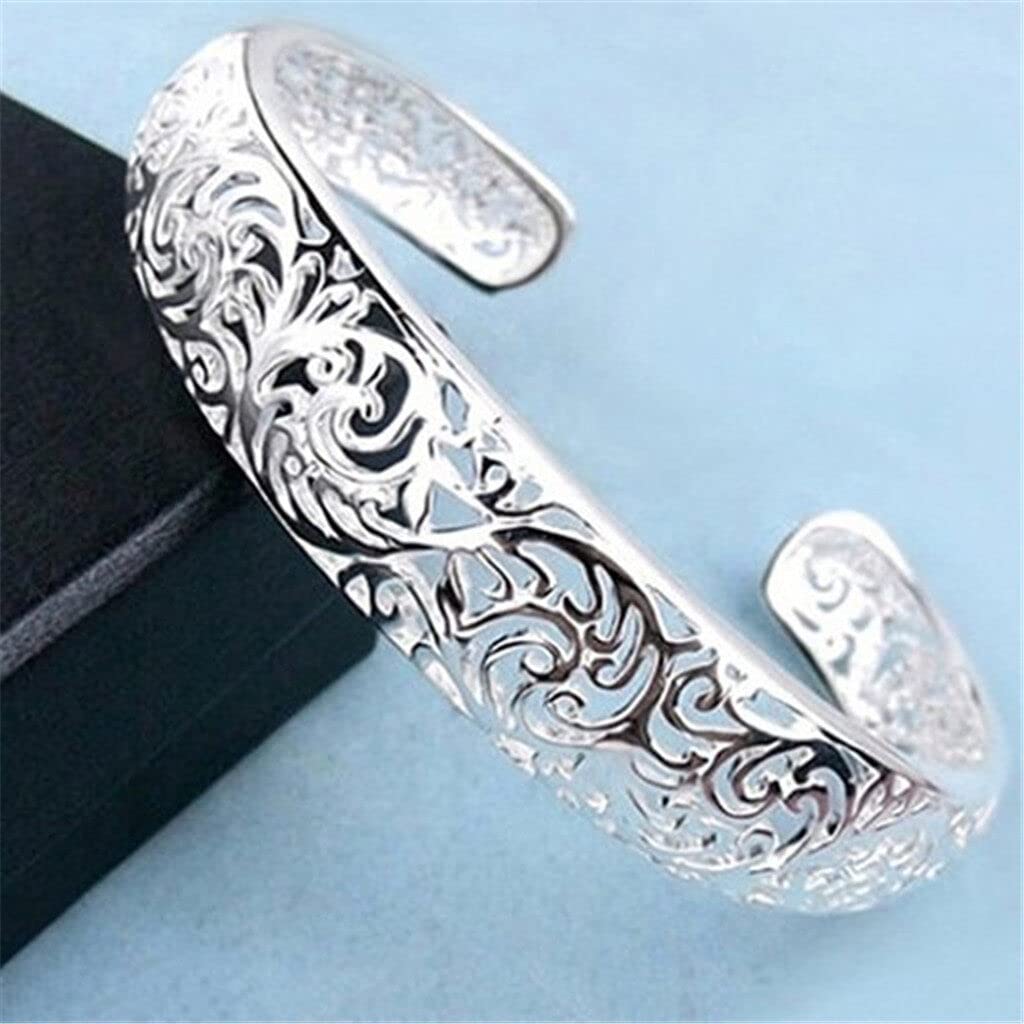 Bracelets, Women's 925 Sterling Silver Bezel Hollow Cuff Bangle Open Bracelet Jewelry Gift Durability and Attraction