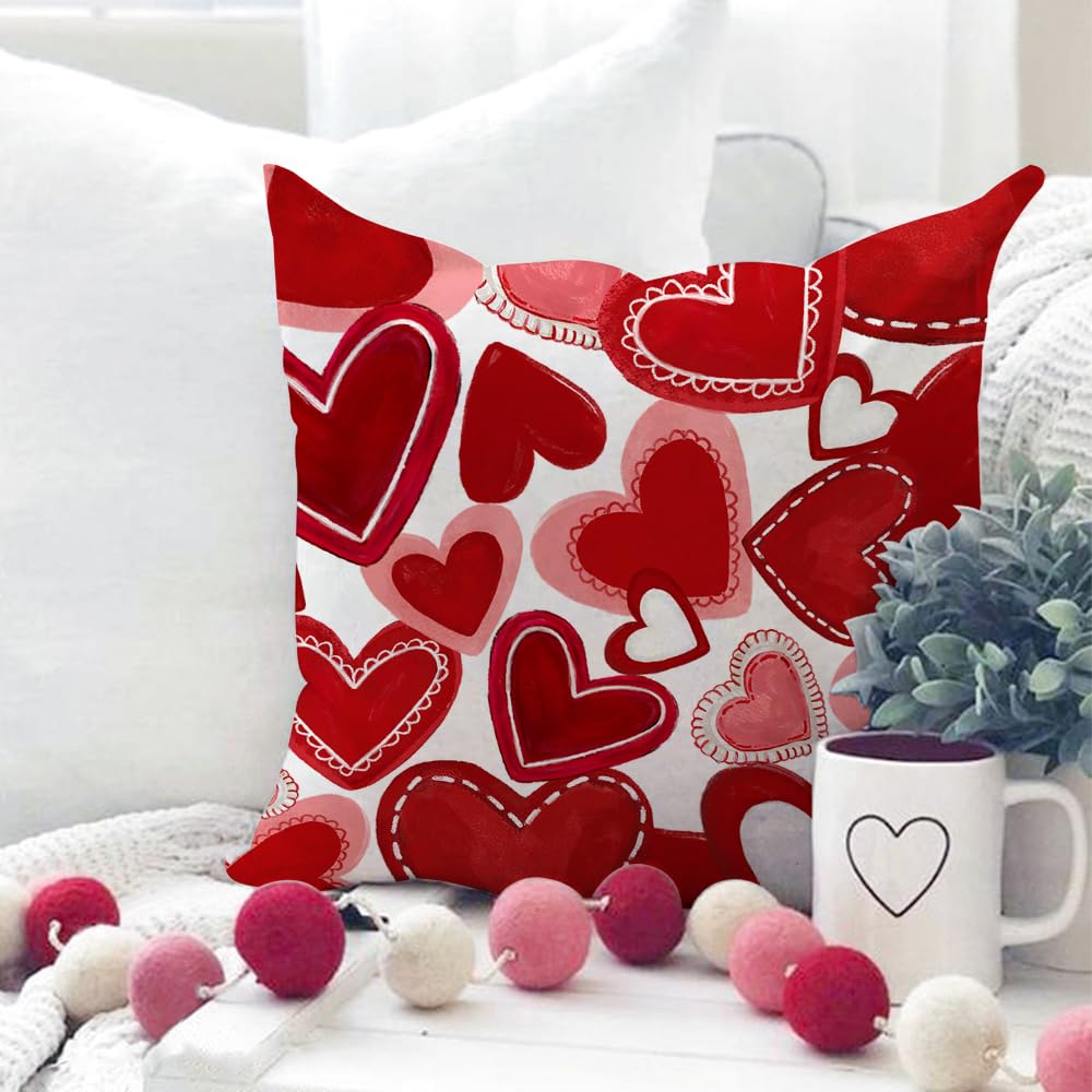 GEEORY Valentine's Day Throw Pillow Covers 18x18 Inch Set of 4, Valentines Red Hearts Love You More Decorative Farmhouse Holiday Cushion Case for Home Decoration G443-18