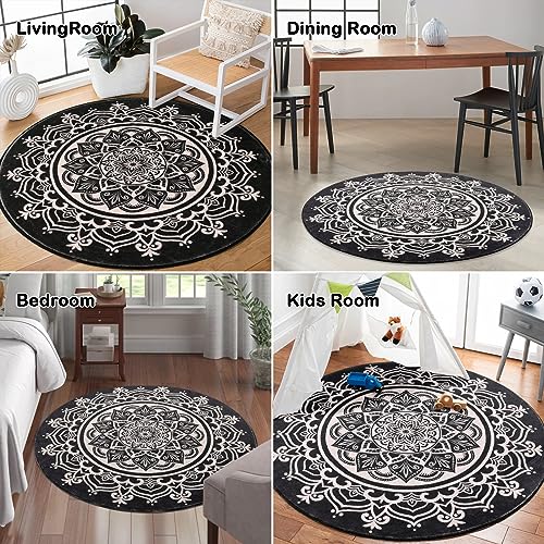 Carvapet 2' Small Round Area Rug Chic Boho Mandala Print Circle Rugs Non Slip Machine Washable Floor Mat Soft Throw Rug for Powder Room Entryway Bathroom Nursery Bedside Floor Decor Black Ivory