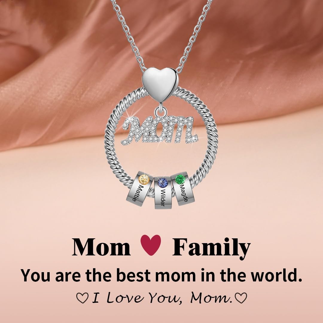 Personalized Mothers Necklace, Custom Birthstone Necklace for Women with Name Engraved Heart Promise Necklace for Her (3 Stones, Silver)