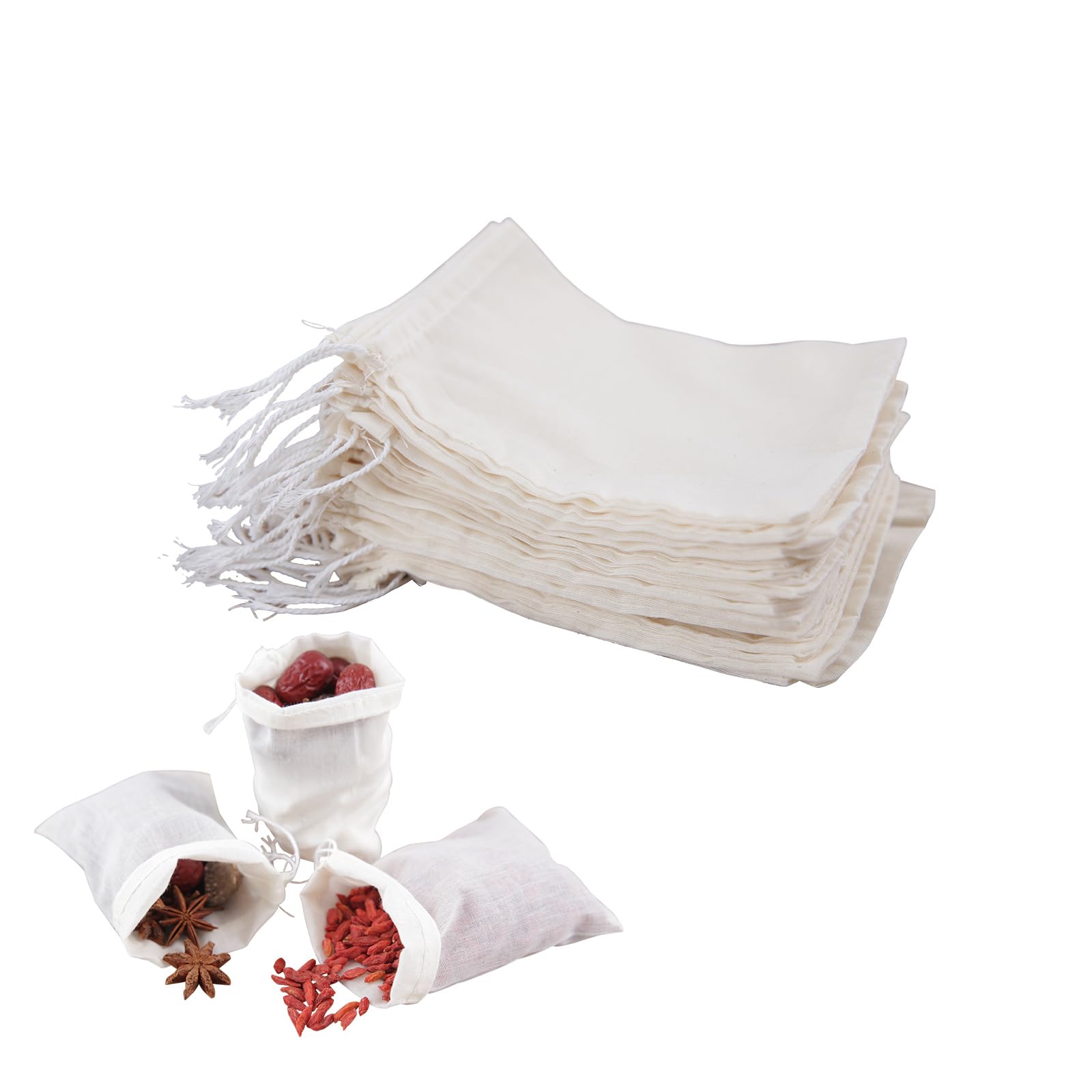 YICHEN 50pcs Muslin Bags with Drawstring,White Spice Bags, Safe and Natural Cotton Material Tea Filter Bags,Cheesecloth Bags for Coffee,Tea,Soup etc.8 x 6 inch.