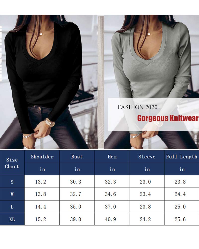 Fessceruna Womens Long Sleeve Shirts Tops Deep V Neck Ribbed Knit Fall Casual Slim Fit Basic Sexy T-Shirt 2024