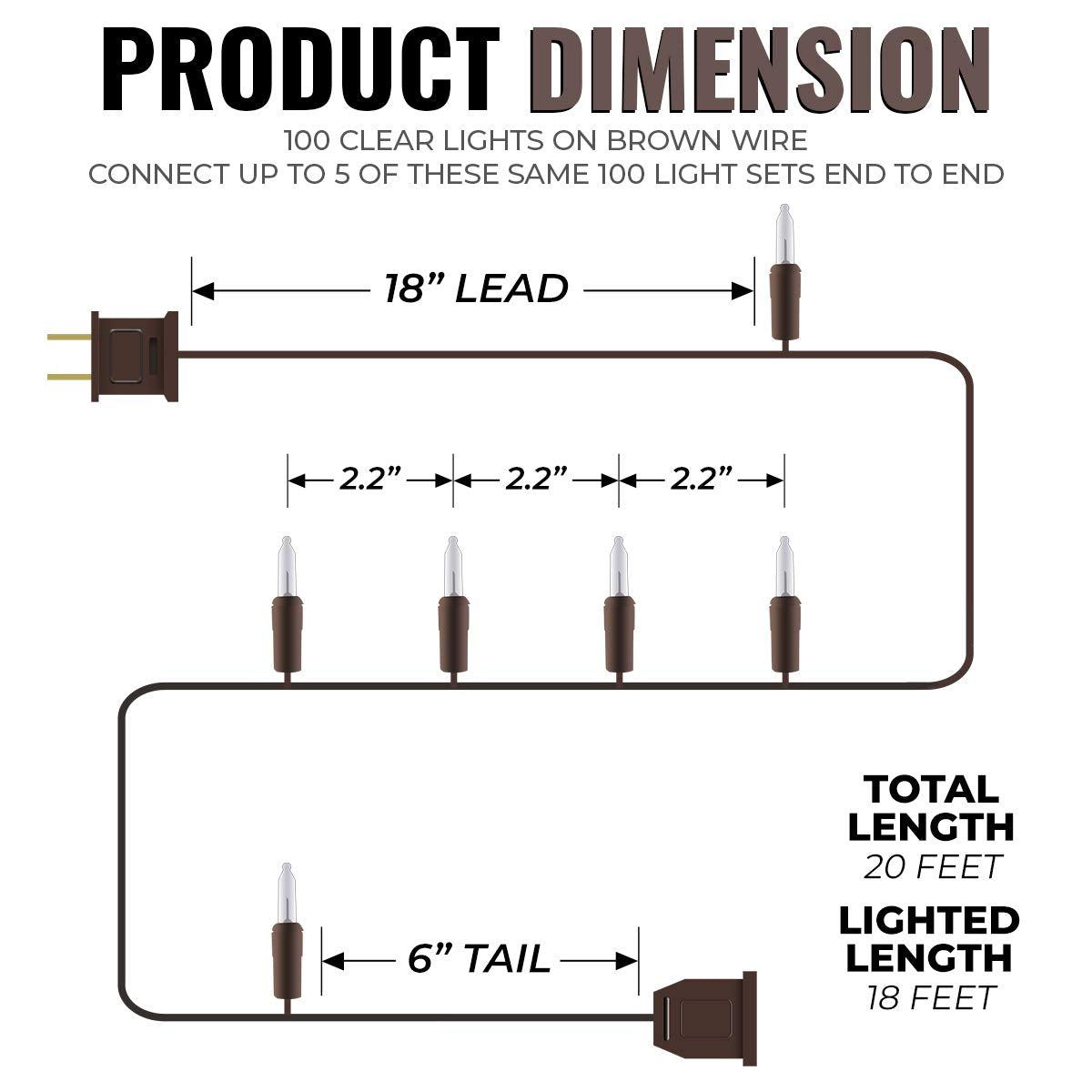 612 Vermont 100 Clear Mini Christmas String Lights on Brown Wire Cord, UL Approved for Indoor/Outdoor Use, 18 Foot of Lighted Length, 20 Foot of Total Length