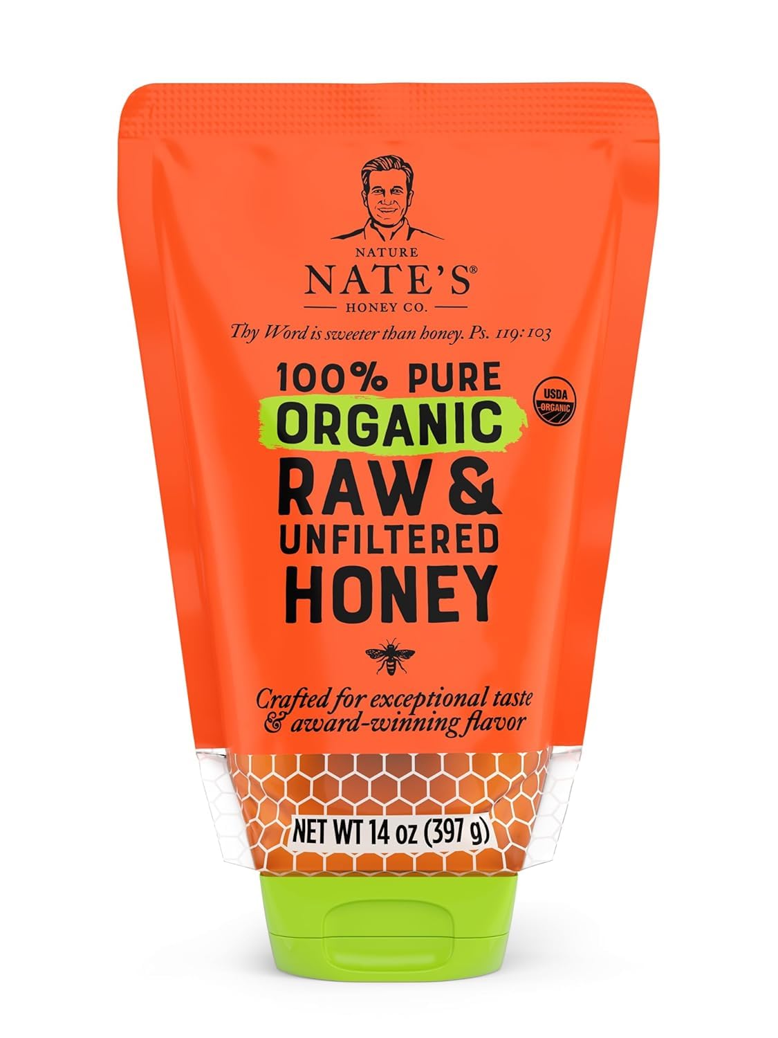 Nature Nate's 100% Pure USDA Organic Raw & Unfiltered Honey, 14 oz. No-Drip Sustainable Squeeze Pouch; Purity Guarantee, No Additives