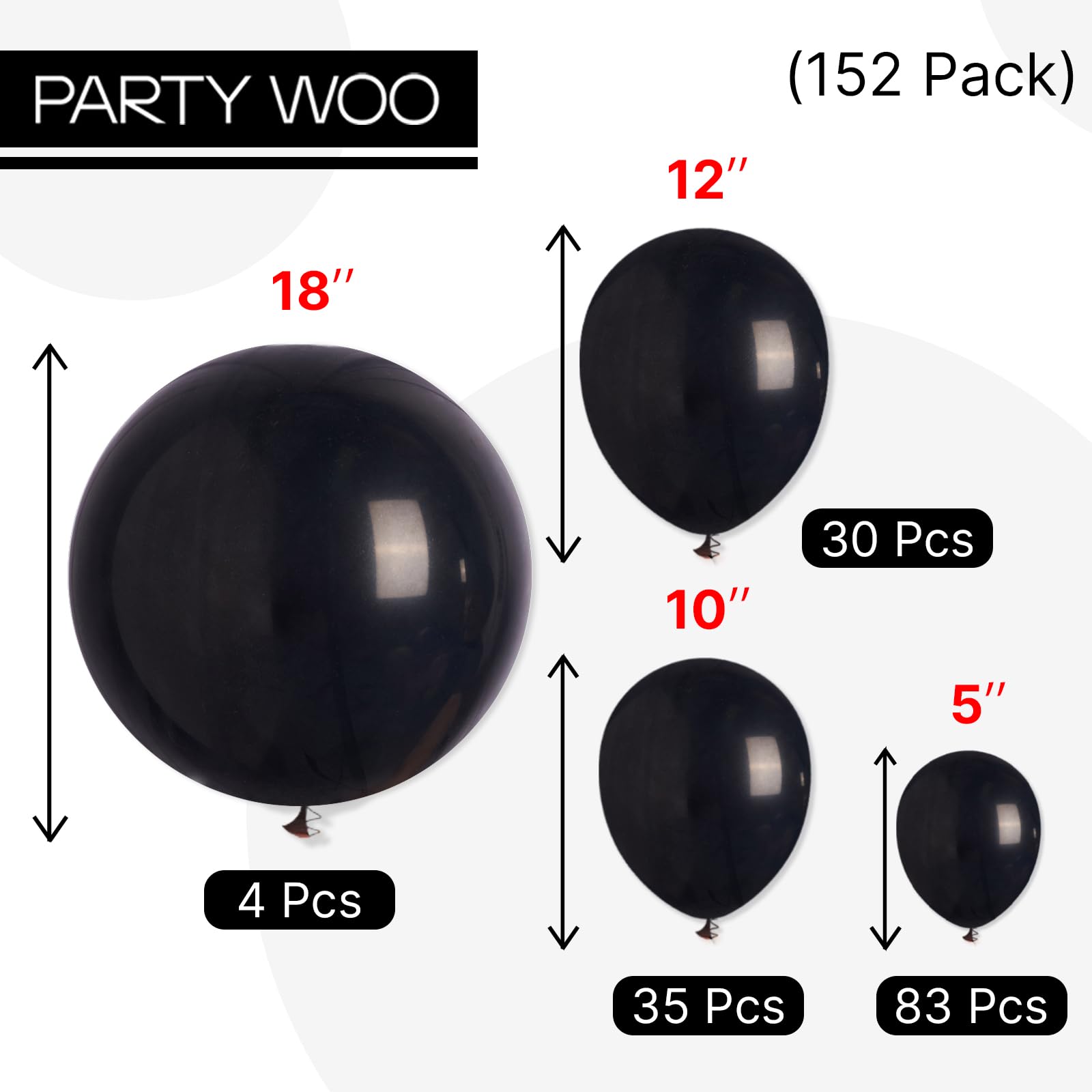 PartyWoo Black Balloons 152 pcs Different Sizes Pack of 18 12 10 5 Inch Matte Black Latex Balloon Arch Kit Garland for Graduation Halloween New Year Anniversary Birthday Party Decorations Black-Y18