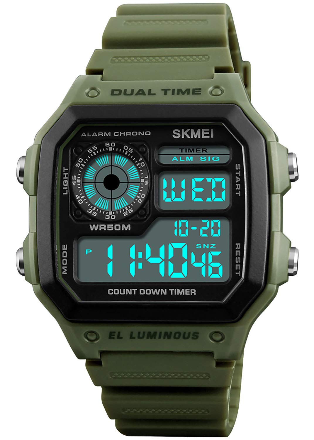 PASOY Mens Womens Sports Watch Rubber Watchband Multi-Function Alarm Stopwatch Countdown Backlight Swim Digital Waterproof Outdoor Green Watch