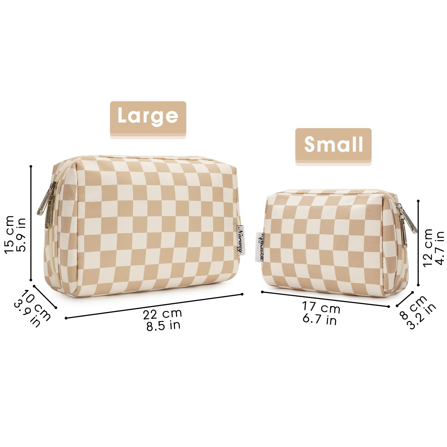 Narwey Checkered Makeup Bag Travel Cosmetic Bag Organizer Toiletry Bag Make Up Bags with Compartments for Women Girls (Large, Light Checkerboard)