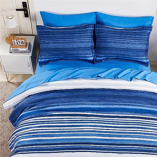 KAKIJUMN 5 Piece Bed in a Bag Stripe Comforter Set Twin Size, White and Blue Patchwork Striped Comforter and Sheet Set, All Season Soft Microfiber Complete Bedding Sets(Blue,Twin)