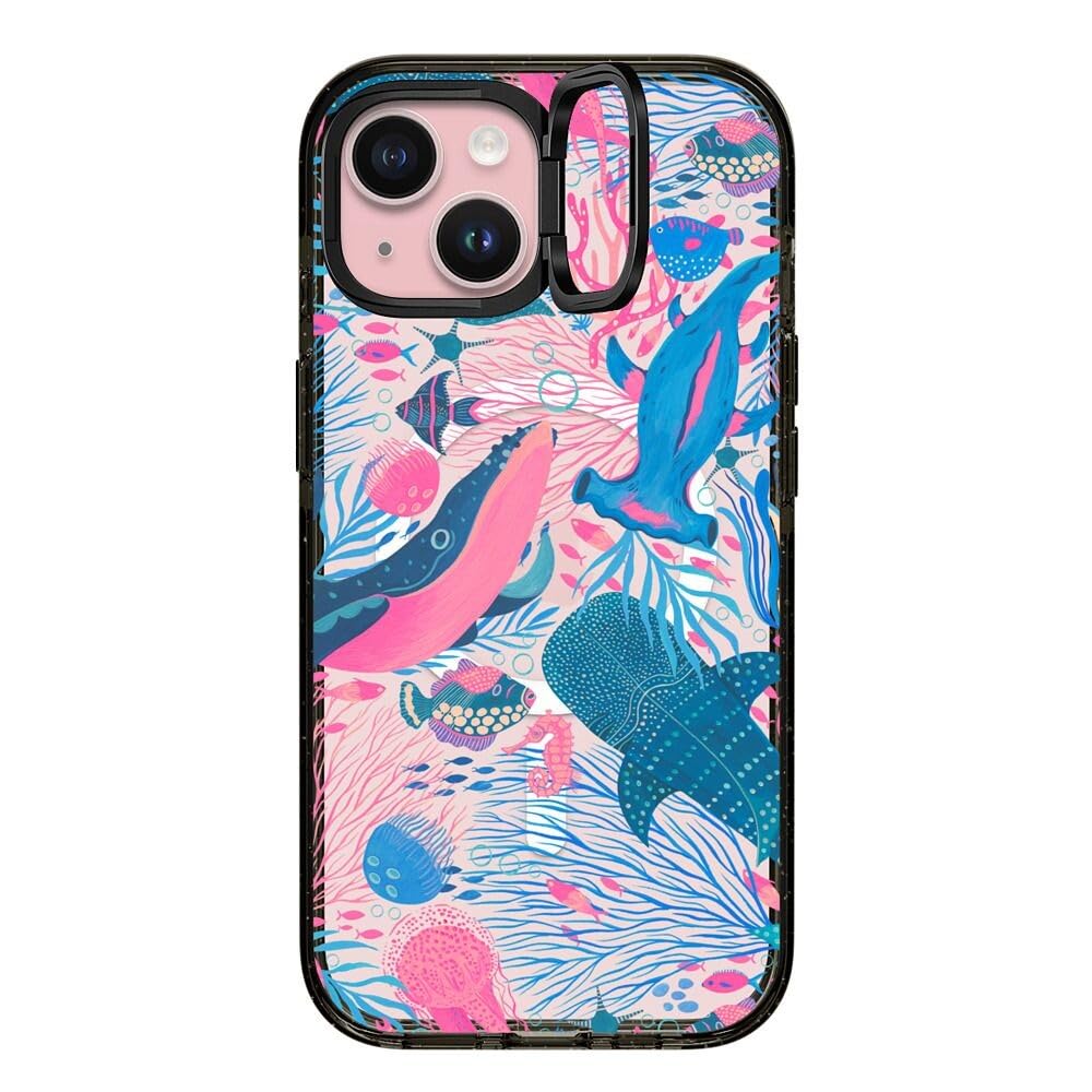 CASETiFY Impact Ring Stand Case for iPhone 15 [3X Military Grade Drop Tested / 6.6ft Drop Protection/Compatible with Magsafe] - Under The Sea - Clear Black