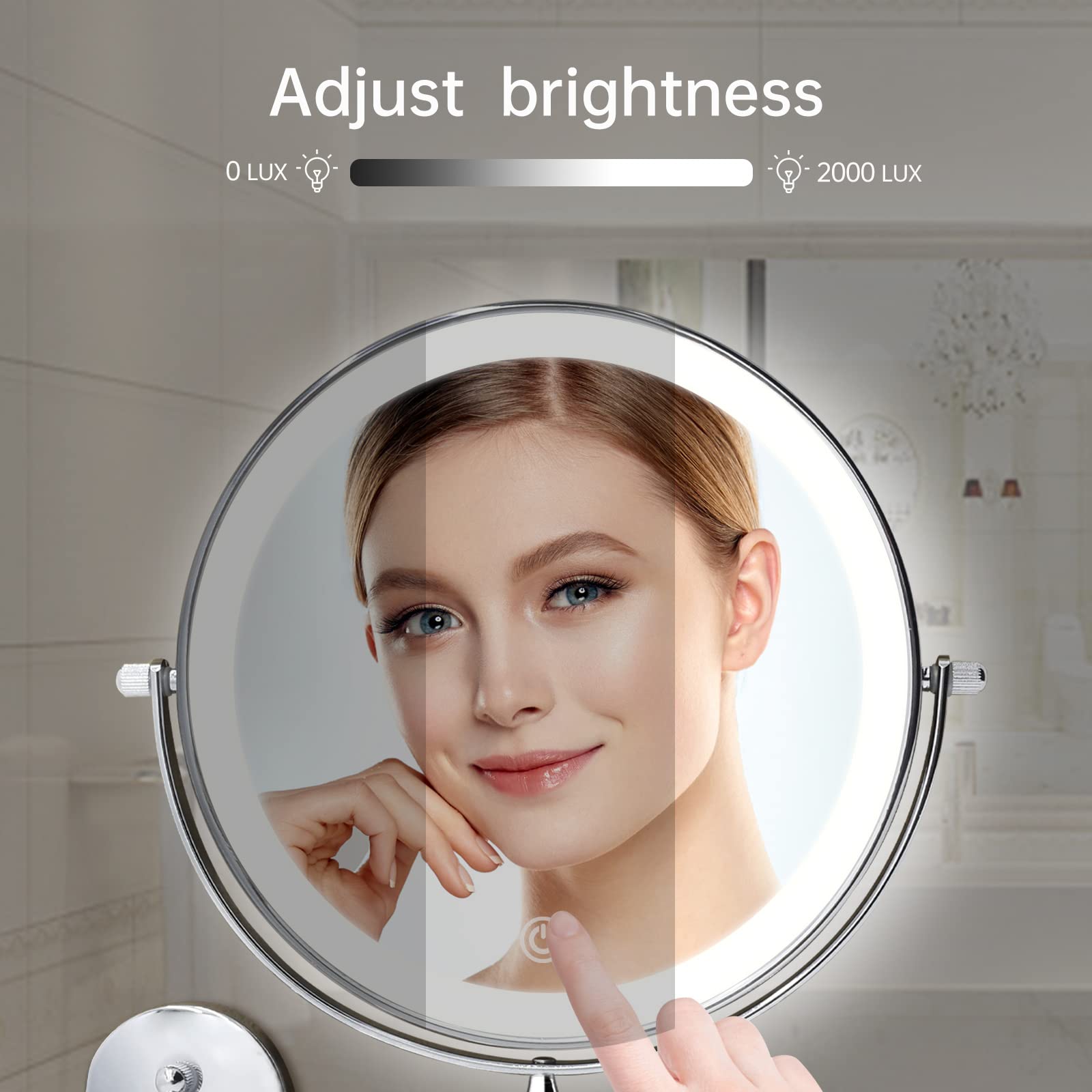 Rechargeable Wall Mounted Lighted Makeup Vanity Mirror 8 Inch Double Sided 1X 10X Magnifying Bathroom Mirror, 3 Color Lighting, Touch Screen Dimming, Extended Arm 360 Rotation Shaving Light up Mirror