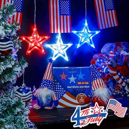 oopswow Red White and Blue Lights,3 Pack 45LED 4th of July Patriotic Lights with Timer Function,Battery Operated Star Lights for Window,Fourth of July Decoration,Independence day,Labor Memorial Day