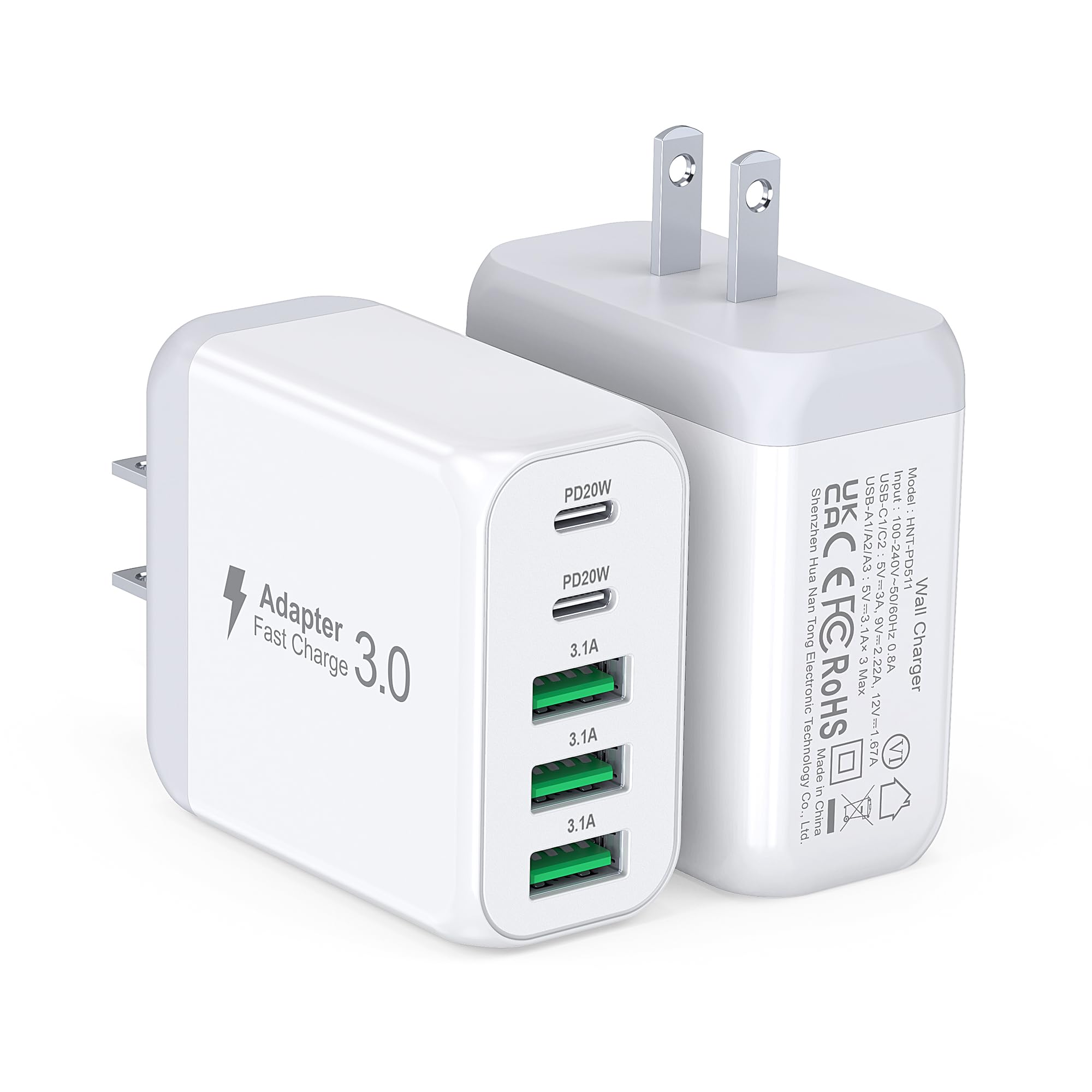 USB C Wall Charger Block, 2Pack 50W 5-Port C Charger Fast Charging Block PD Power Adapter +QC 3.0 Multiport Type C Box Brick Cube USB A Wall Plug for iPhone 16/15/14 Pro Max Plus, iPad,Samsung Galaxy