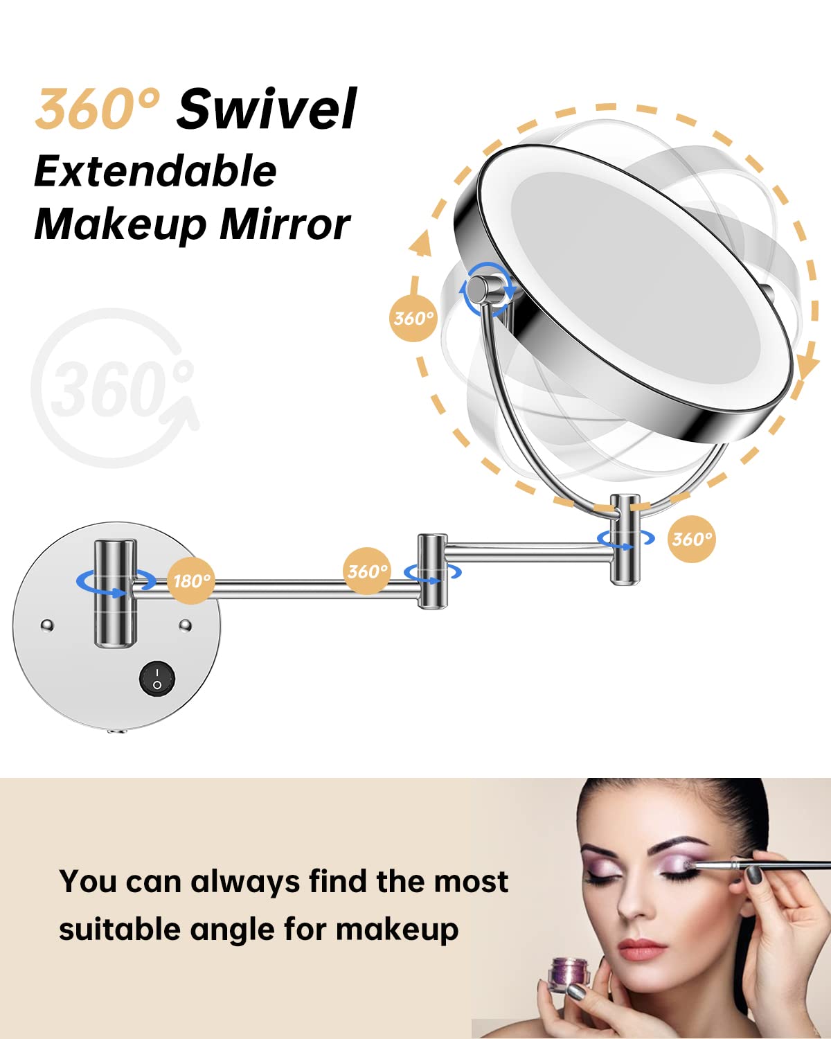 Gospire 8.5 Inch LED Wall Mounted Makeup Mirror Round Double Sided 1X/10X Magnifying Vanity Mirror with Lights 360 Degree Swivel Lighted Cosmetic Mirror (8.5 Inch-10X, Chrome Mirror with LED)