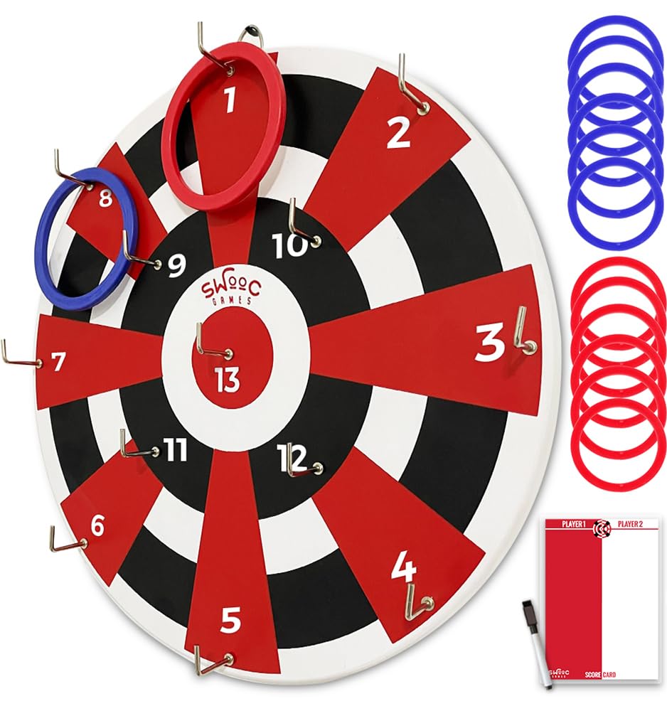 SWOOC Games ‒ Hook Darts Ring Toss Game ‒ Wood Board & Soft Rings ‒ 20+ Games Included for Kids & Adults ‒ Wall Mount Games ‒ Ring and Hook Game ‒ Ring Game ‒ Wall Games for Game Room, Patio, Garage