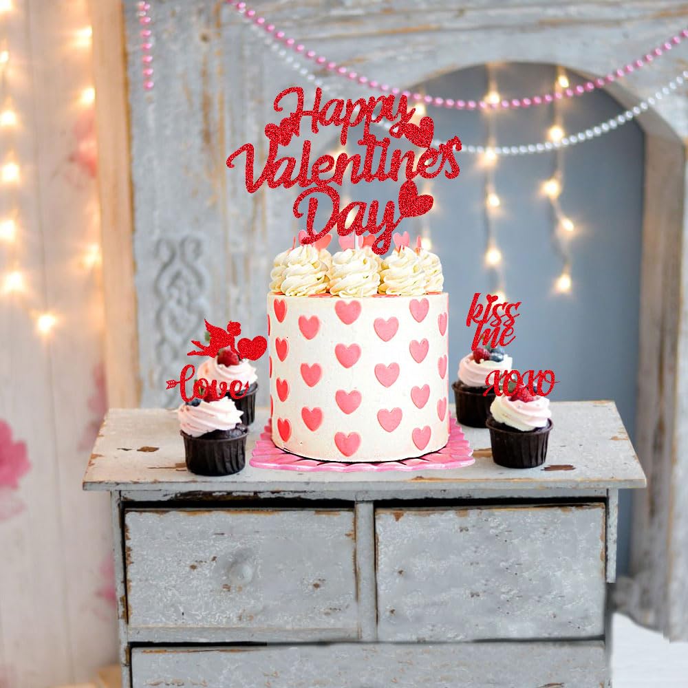 25pcs Glitter Red Happy Valentine's Day Cake Toppers Food Cookies Cake Decorations for Valentine's Day Party Suppliers