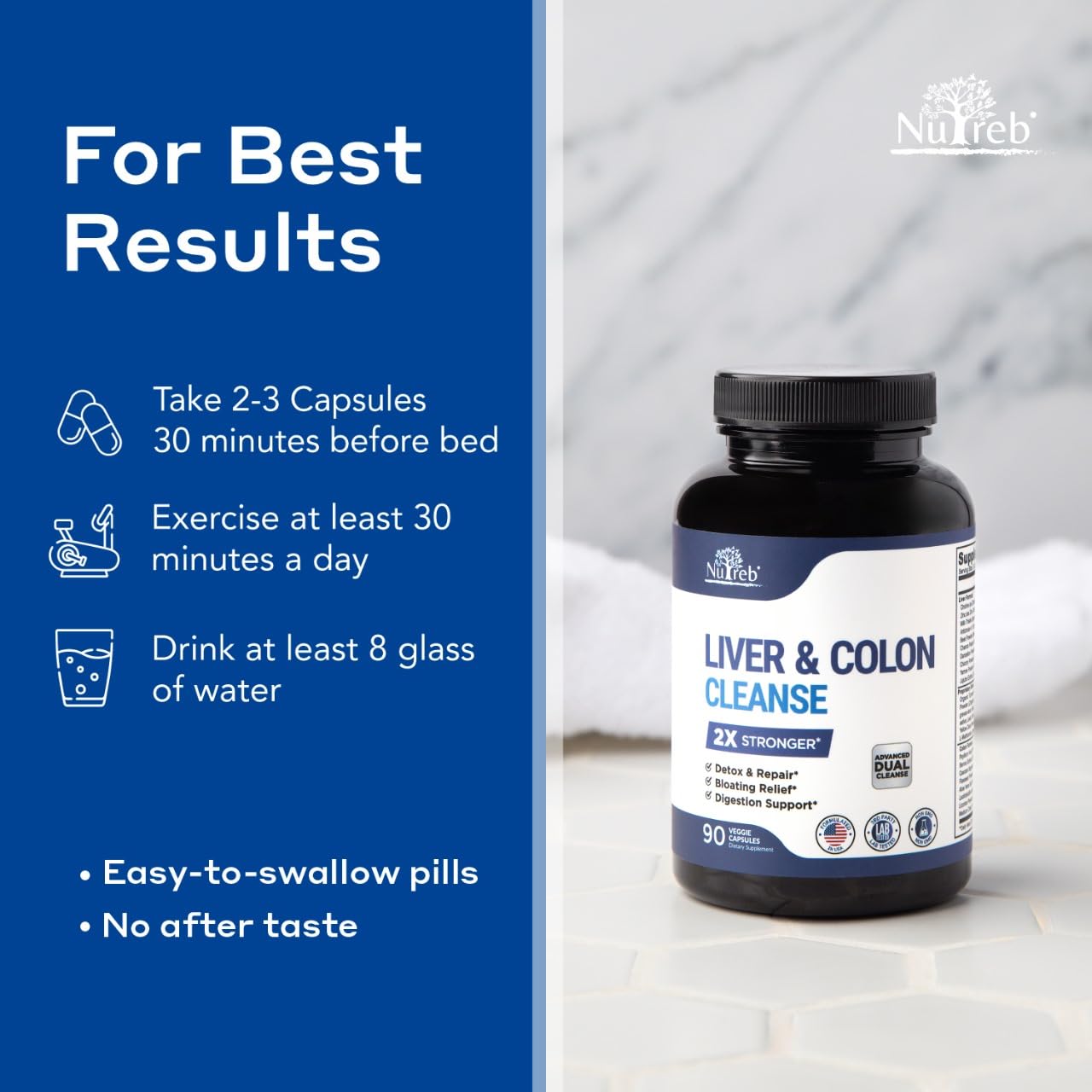 Nutreb Liver Detox & Colon Cleanse - 2X Stronger Cleanse - Liver Cleanse Detox & Repair - Colon Cleanser & Detox - Premium Liver Support Supplement - Men & Women - Vegan 90 Capsules