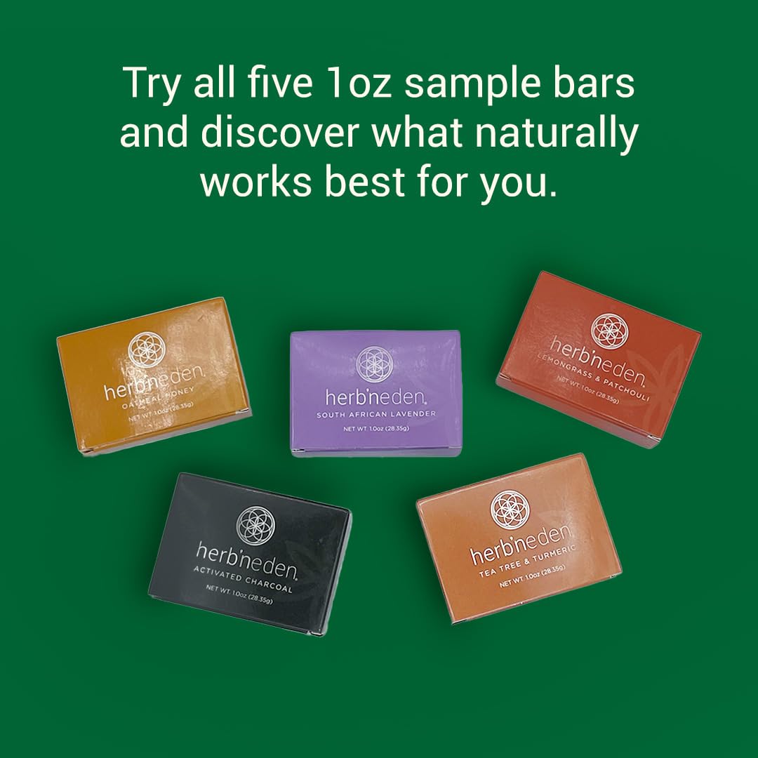 Herb’N Eden Pack of 5 Soaps for Women & Men | 100% Natural Ingredients | Essential Oils | Dry, Sensitive, Oily, Mature, Combo, Normal, Eczema, Psoriasis Skin | Face and Body | 1oz Bar Samples