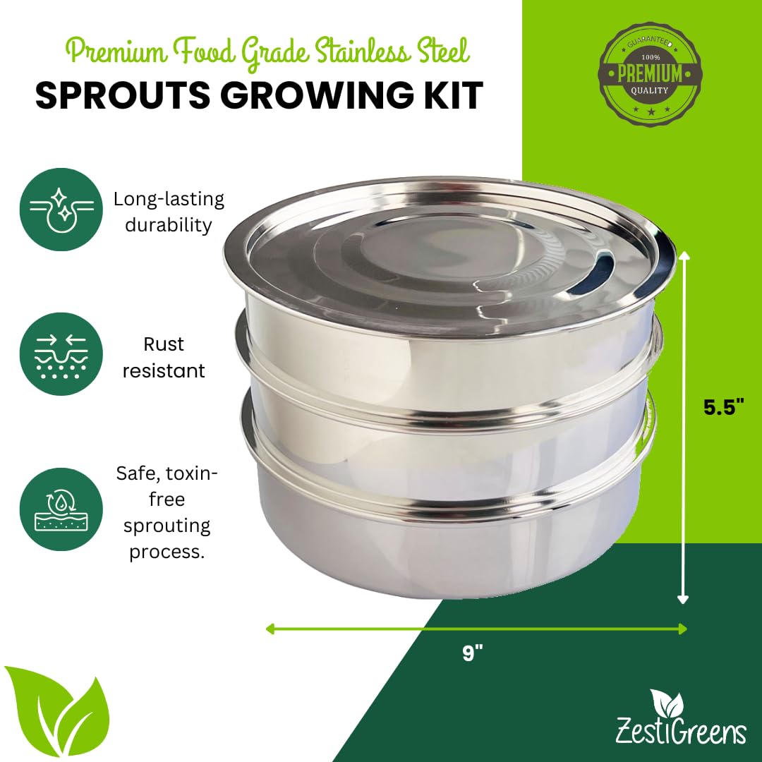ZESTIGREENS Stainless Steel Seed Sprouter Kit - Stackable 3-Tier Seed Sprouting Germination Tray Seed Sprout Grower Maker with Lid for Growing Broccoli Alfalfa Mung Beans