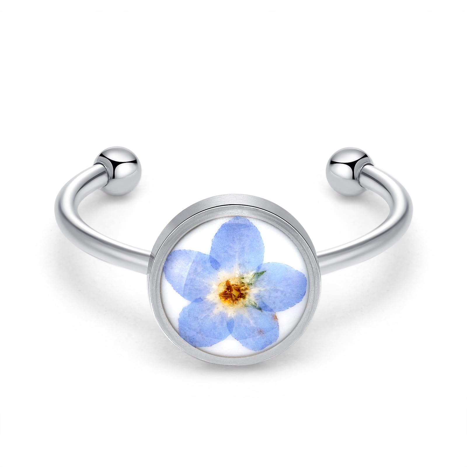 KBFORU Flower Rings for Women - Handmade Rings -Unique Forget Me Not Jewelry Pressed Flower Ring - Open Rings Wonderful Gift (Silver)