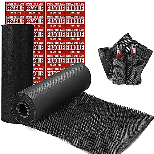 onesimcr Black Honeycomb Wrapping Paper Wrap 15"x131' Sustainable Alternative to Bubble Wrap for Moving/Transporting/Packaging Rolls with 20 Fragile Stickers Biodegradable and Fully Recyclable…