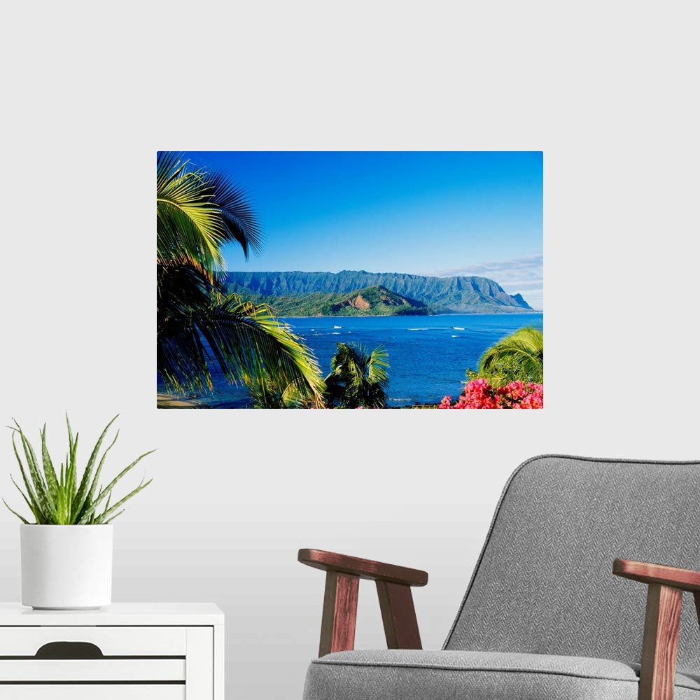 CANVAS ON DEMAND Hawaii, Kauai, Hanalei Bay, Bali Hai, Wall Decal, Palm Tree Artwork
