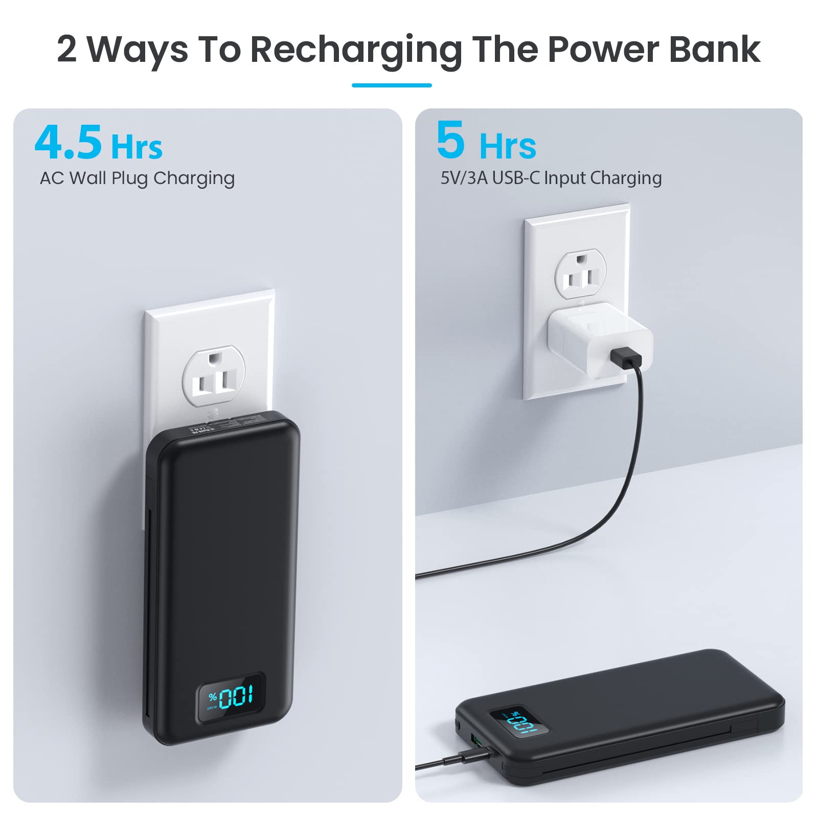 Portable Charger with Built-in Cables & AC Wall Plug,Upgraded 13800mAh USB-C Power Bank, 4 Output LCD Display External Battery Pack Phone Charger Compatible with iPhone 16/15/14/13 Samsung Android etc