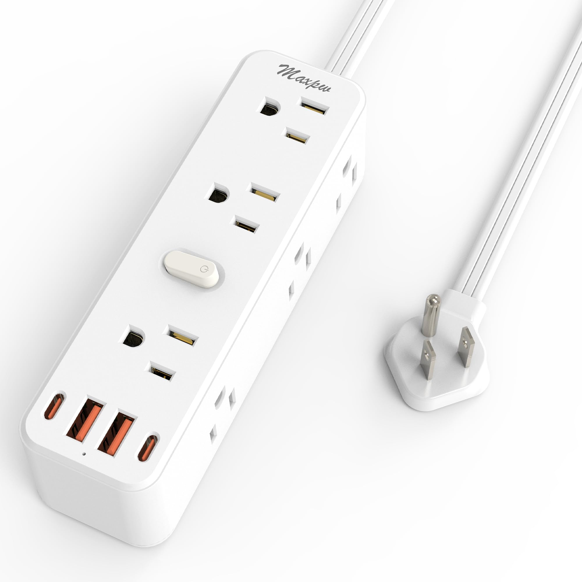 6 FT Flat Plug Extension Cord Surge Protector, Power Strip with 9 Outlets Extender and 4 USB Ports (2 USB-C), 2100 Joules, Wall Mount, Desk Charging Station for Home, Office, Travel, White