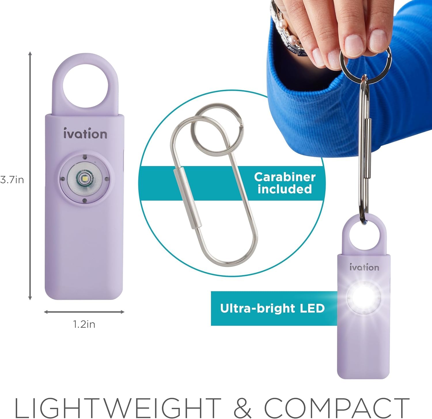 Ivation Personal Rechargeable SOS Alarm, Pocket Size Loud 130dB Sound Safety Siren & LED Panic Strobe Light with Carabiner Keychain Clip for Women, Children & Seniors, Lavender