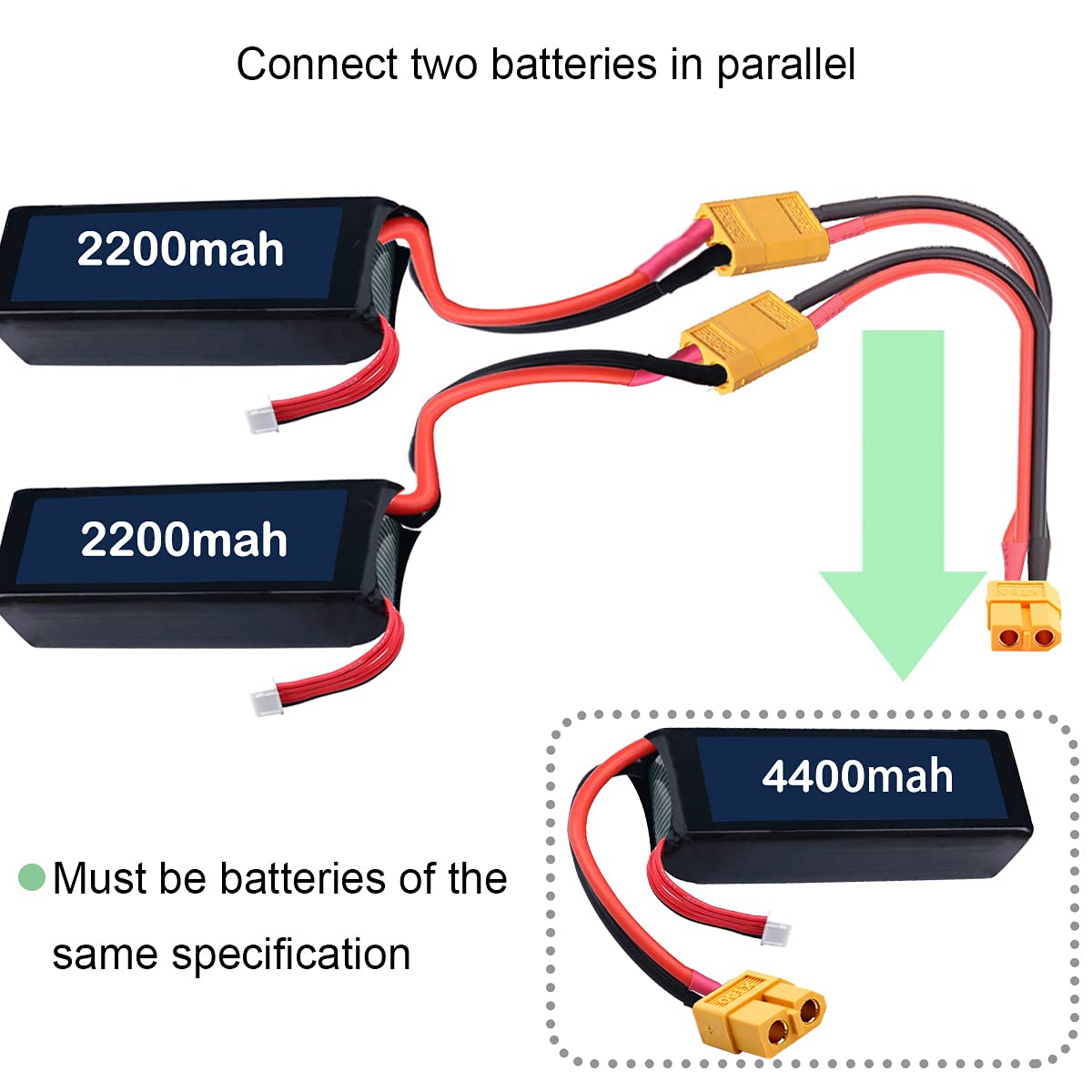 DKARDU 4 PCS XT60 Parallel Battery Connector Cable, 2 Male to 1 Female Plug Extension Y Splitter Cable for RC Multicopter Quadcopter