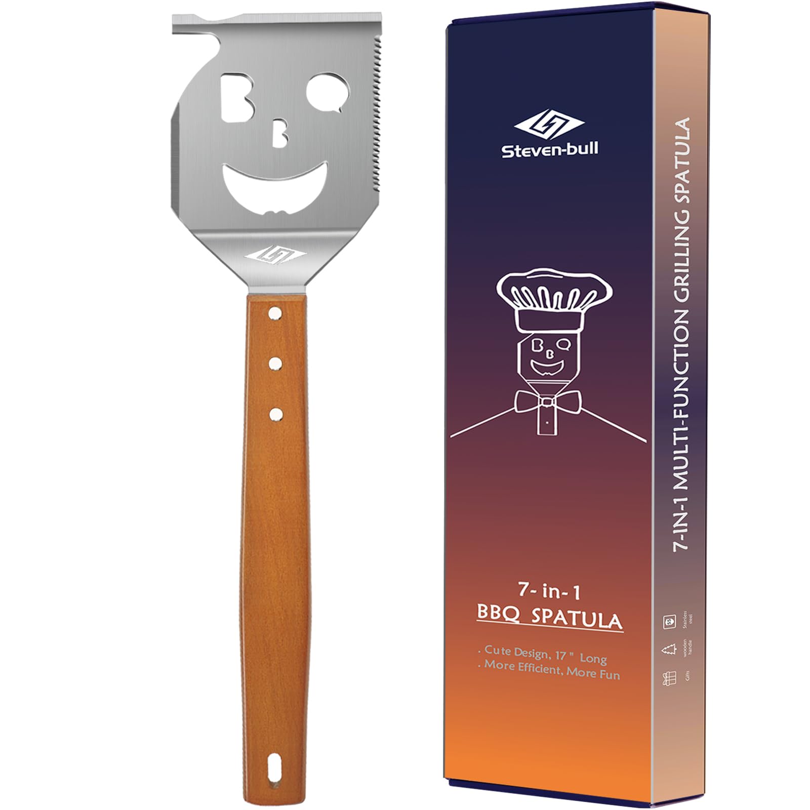 STEVEN-BULL S Grill Spatula for Outdoor Grill, 7-in-1 BBQ Spatula for Grill, 17 Inch Long Barbecue Tool, Perfect BBQ Gifts for Men (Color Box Packaging)