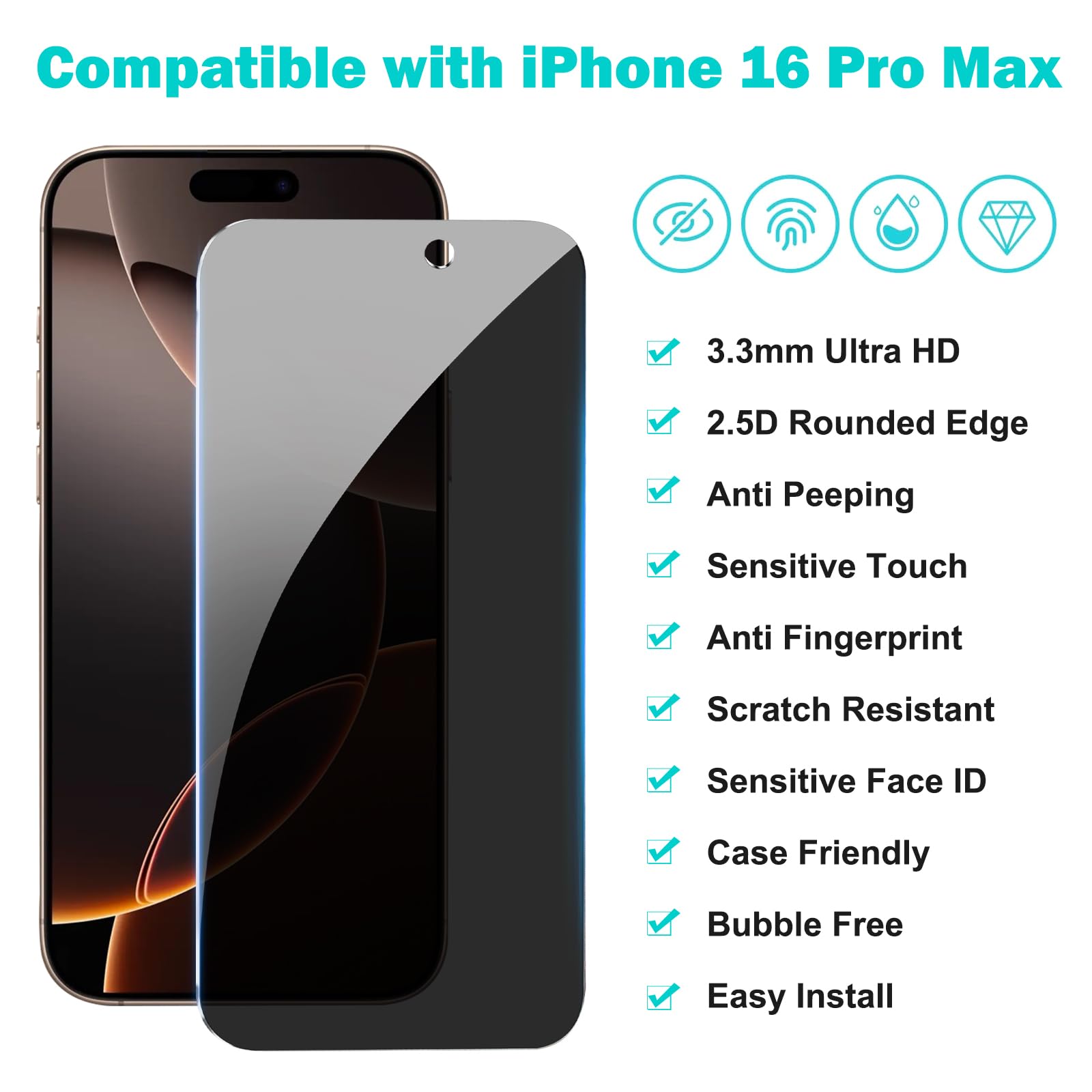 Pehael [3+3Pack] Privacy Screen Protector for iPhone 16 Pro Max with Camera Lens Protector Full Coverage Anti-Spy Tempered Glass Film 9H Hardness Upgrade Edge Protection Easy Installation Bubble Free [6.9 inch]